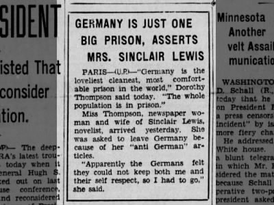 Germany is Just One Big Prison, Asserts Mrs. Sinclair Lewis